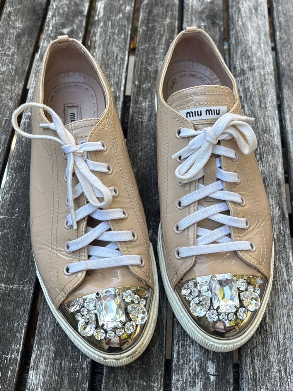 Miu Miu Nude Patent Leather Crystal-Embellished Toe Sneakers